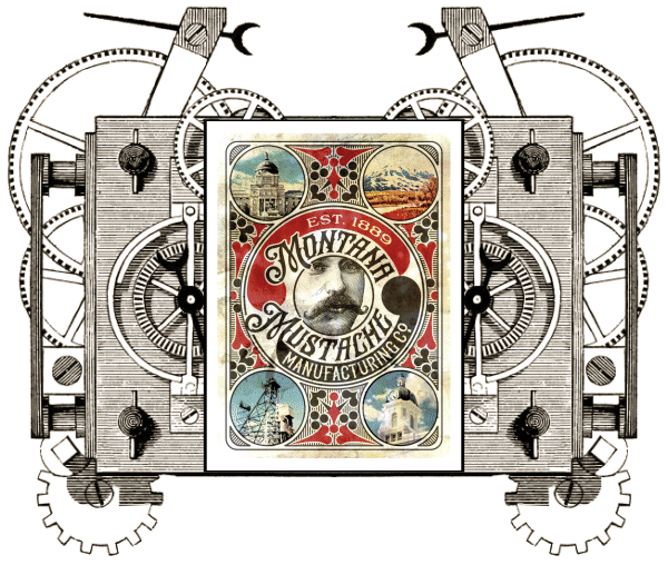 CLOCKWORK MONTANA MUSTACHE MANUFACTURING CO. Playing Cards. Vintage design and huge animated handlebars - Max Playing Cards CLOCKWORK MONTANA MUSTACHE MANUFACTURING CO. Playing Cards. Vintage design and huge animated handlebars - Max Playing Cards